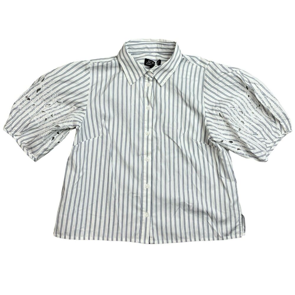 J Crew Eyelet Puff Sleeve Blouse Shirt White Blue Regent Stripe CT095